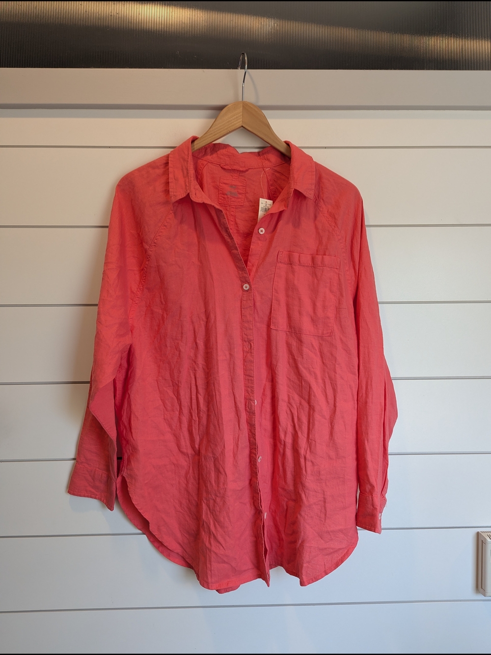 Aerie Coral Pink Linen Blend Button Up Shirt Collar Size Small Swim Cover